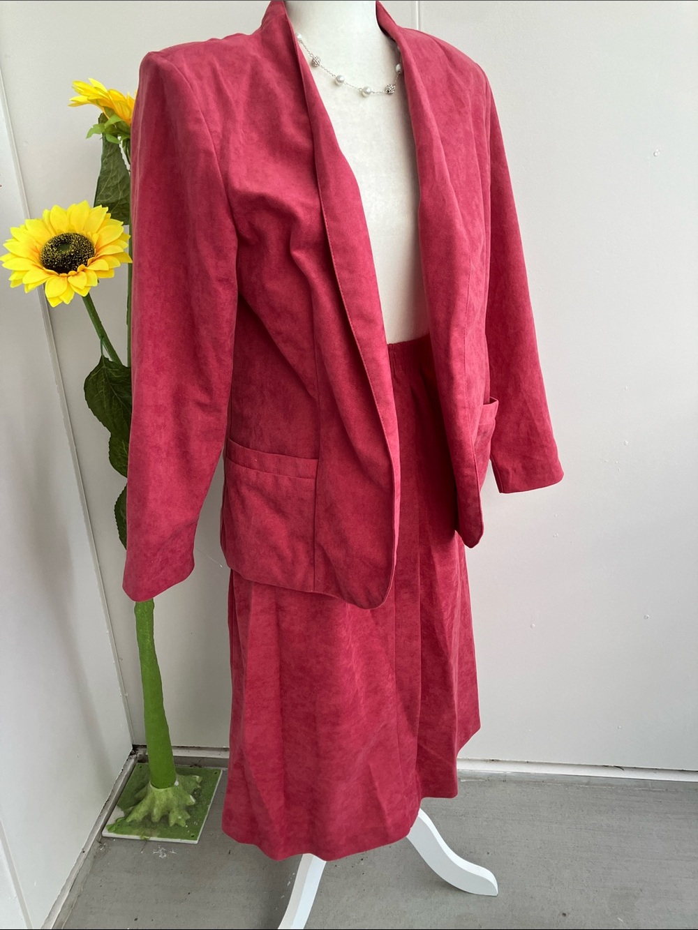 Vintage 80s Faux Suede Monochrome Pink Jacket and Skirt Suit Set